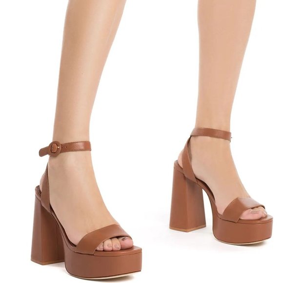 Larroude Dolly Block Heel Platform SANDALS Size 10 Brown Leather NEW $315 - Picture 1 of 16